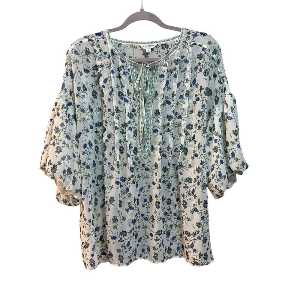 Max Studio Tunic Blouse Womens XL White Floral Round Neck 3/4 Sleeve Top Boho - Picture 2 of 6